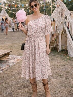 One-Shoulder Cream Floral Midi Dress MED